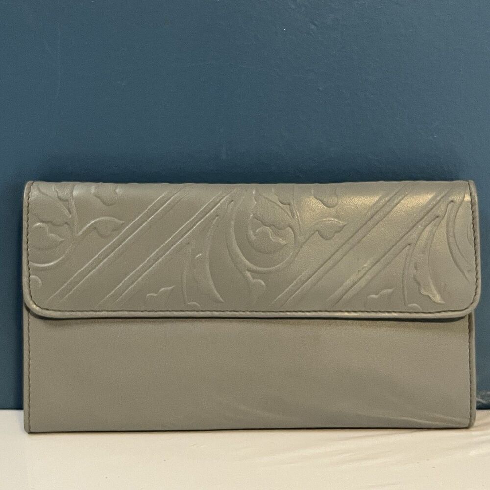 VTG Buxton Grey Leather Wallet Clutch Dazzler Folding Zip Embossed 3.75”x6.5”